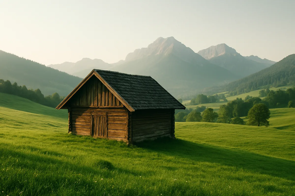 Alpwiese mit Holzscheune und Bergen im weichen Morgenlicht
