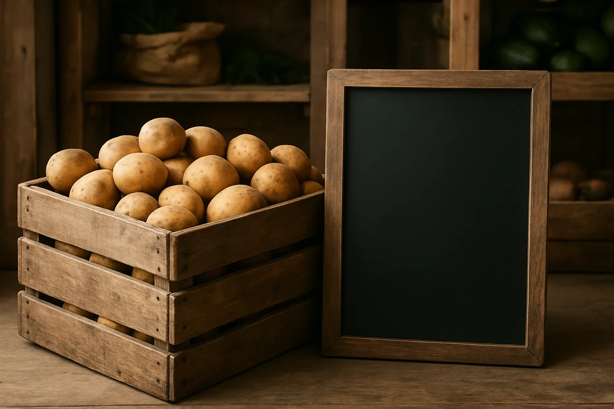 Holzkiste mit Kartoffeln in einem Hofladen